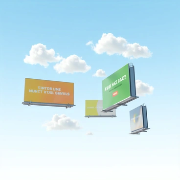 A tranquil sky featuring a gradient of soft blue hues with fluffy white clouds scattered throughout. In this serene setting, several large floating billboards are suspended in the air, each displaying vibrant advertisements for energy bills. The billboards are designed with bright colors and bold letters, showcasing messages related to renewable energy and energy savings. The scene captures a juxtaposition of a peaceful sky against the dynamic presence of commercial advertisements.