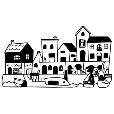 A small village by the sea features several houses arranged closely together, each with unique architectural shapes. The houses have distinct designs with varying features, such as balconies and tiled roofs. In the foreground, a lively marketplace is bustling with activity. Stalls are filled with various goods, while villagers carry baskets and chat with one another. Waves gently lap at the shore in the background, with a few boats anchored nearby. The scene captures a vibrant community atmosphere.