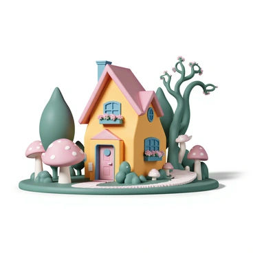A quirky house with an uneven roof and brightly colored walls. The house has multiple tilted windows, each adorned with colorful shutters and flower boxes overflowing with vibrant flowers. The doors are also askew, with whimsical shapes and exaggerated designs. The surroundings include a lush garden with oversized mushrooms and a winding path leading to the entrance. In the background, there are towering trees with twisted branches that add to the surreal atmosphere.