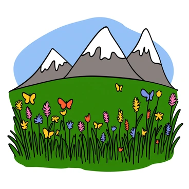 A vibrant alpine meadow in Pahalgam filled with various wildflowers in shades of yellow, purple, and pink. The meadow is lush and green, with tall grasses swaying gently in the breeze. Numerous butterflies in different colors, such as orange and blue, flutter among the flowers. In the background, there are majestic snow-capped mountains rising against a clear blue sky, completing the picturesque scene.