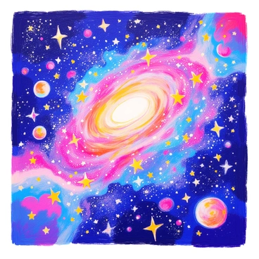 A vivid galaxy filled with swirling stars and colorful nebulas is depicted across the canvas. The galaxy features bright stars scattered throughout, shining in various shades of white and yellow. Colorful nebulas in hues of pink, blue, and purple twist and curl, creating a dynamic sense of movement. The background is a deep black space, enhancing the brilliance of the stars and the vibrant nebulas. There are clusters of stars densely packed in some areas, while other sections reveal vast empty spaces. Each element contributes to the overall sense of a vast and intricate cosmic scene.