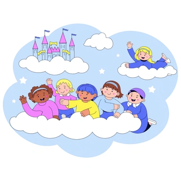 A group of children is joyfully flying on fluffy white clouds in a whimsical dream world. Each child has a unique appearance, wearing colorful outfits and expressing delight. The clouds are soft and billowy, creating a sense of lightness. In the background, there are several floating castles with tall spires and bright banners fluttering in the breeze. The sky is a soft pastel blue, dotted with a few twinkling stars.