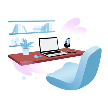 A modern home office setup featuring a sleek laptop placed on a wooden desk. There are a pair of headphones neatly positioned next to the laptop. A cozy, plush chair with soft fabric is positioned in front of the desk, inviting comfort. Behind the desk, there are shelves filled with books and a small potted plant, adding a touch of greenery to the environment. The overall scene has a warm and inviting atmosphere.