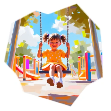 A young girl with curly brown hair tied in two playful pigtails is joyfully swinging on a swing set in a vibrant playground. She is wearing a bright yellow dress with white polka dots and is smiling widely, her feet raised off the ground. The swing set is surrounded by colorful playground equipment, including a slide and climbing frame. A clear blue sky overhead adds to the cheerful atmosphere, with a few fluffy white clouds scattered about. In the background, there are lush green trees providing shade to the playground area.