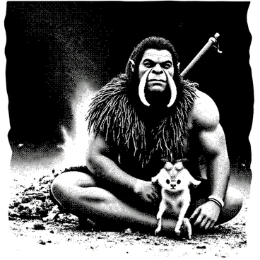 An orc with green skin and prominent tusks is sitting cross-legged by a campfire. The fire is crackling, casting flickering light around. The orc has a rugged fur loincloth and is holding a wooden spear with one hand. Beside the orc, a small, mischievous pet creature is playfully tugging at the orc's boot laces with its tiny claws. The creature has large eyes and fluffy fur, adding a whimsical touch to the scene. The ground is scattered with leaves and twigs, and the night sky is visible above, dotted with stars.