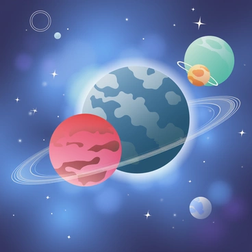 Several planets of varying sizes and colors are orbiting in deep space. One planet is a large, dark blue gas giant with swirling white clouds, while a smaller, reddish rocky planet is close by, showing craters and rocky terrain. A greenish planet with rings made of ice particles orbits in the distance. In the background, a vibrant blue nebula fills the space, with soft gradients of blue and hints of purple, creating a stunning celestial scene. The stars twinkle faintly around the planets, adding to the depth of the cosmos.