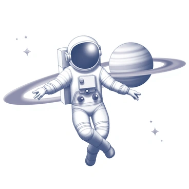 An astronaut in a spacesuit is floating in the vastness of space. The figure is positioned in the foreground, with arms slightly outstretched. The helmet reflects the distant planet, which is prominently displayed in the background. The planet exhibits distinctive rings encircling its equator. The rings are shown with intricate details and appear to be textured and layered. The surrounding space is dotted with small stars, creating a sense of depth and vastness.