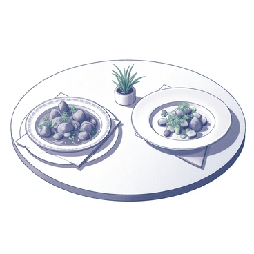 A round table is set with a white tablecloth. On one side of the table, there is a plate of traditional cuisine, featuring a generous serving of hearty stew, with visible chunks of meat, vegetables, and herbs. The plate is adorned with a decorative border and rests on a folded napkin. On the other side, there is a plate of a trendy, modern dish, artfully arranged with small portions of various ingredients, garnished with microgreens and drizzled with sauce. The plates are separated by a small decorative centerpiece that enhances the presentation of culinary diversity.