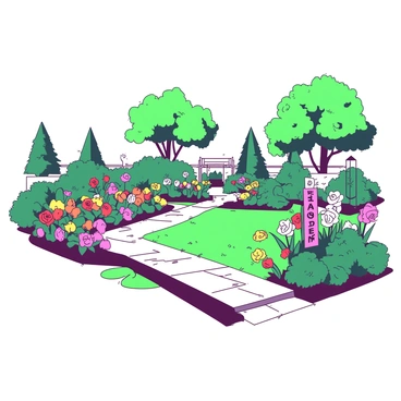 A duotone illustration featuring a memorial garden in Dundee. The garden is adorned with vibrant, blooming flowers in various colors, creating a vivid display. There is a neatly paved walking path that winds through the garden, inviting visitors to stroll along. Lush greenery surrounds the flowers, providing a refreshing contrast. In the background, a few ornamental trees are visible, adding depth to the peaceful landscape.