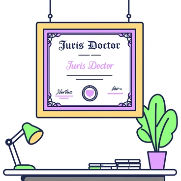 A framed law degree certificate is hanging prominently on an office wall. The certificate is displayed in an ornate gold frame with decorative corners. The text on the certificate reads "Juris Doctor" in an elegant font, with the name of the graduate centered beneath it. Below the name, there is a signature and the official seal of the university embossed in the bottom left corner. The wall behind the certificate is painted in a neutral shade, and the office has a desk with a green desk lamp, a stack of legal books, and a potted plant in the corner.