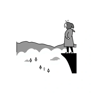 A person standing at the edge of a cliff, wearing a long coat and looking out over a foggy landscape. The figure has their hands in their pockets, and their silhouette is slightly illuminated by a soft light. Below the cliff, there are indistinct shapes of trees and hills disappearing into the fog. The scene conveys a sense of depth and vastness, with layers of mist rolling across the ground. The sky above is gray, adding to the somber atmosphere.