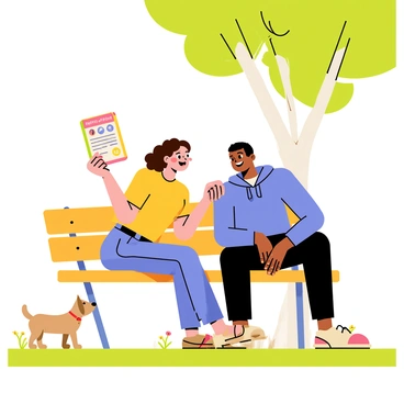 Two friends sitting on a wooden park bench under a leafy tree. One friend, a girl with curly brown hair wearing a yellow t-shirt, is excitedly holding up a colorful "refer-a-friend" flyer for the other friend. The other friend, a guy with straight black hair wearing a blue hoodie, is leaning in to look at the flyer, smiling. The ground is covered in green grass, and there are a few scattered flowers nearby. A small dog is playing in the background, adding a lively touch to the scene.