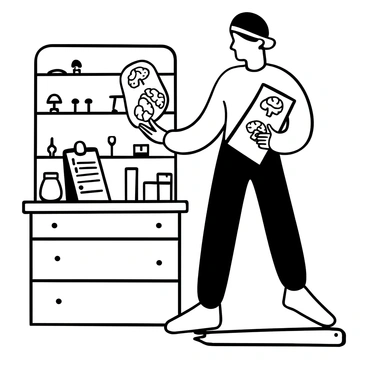 A neurosurgeon in a surgical scrubs and a surgical cap stands in a clinical setting, holding a set of brain X-rays in one hand while examining them closely with the other hand on the opposite arm. The X-rays are prominently displayed, showcasing the intricate details of the brain's structure. There is a clipboard on the table beside the surgeon, with medical notes visible. The background includes a medical cabinet filled with various surgical tools and equipment. The overall atmosphere conveys a sense of concentration and professionalism.