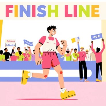 An anime athlete with short spiky hair and a determined expression is crossing the finish line. The athlete is wearing a vibrant red and white sports uniform, with bright yellow running shoes. The finish line has a bold banner overhead displaying the words "Finish Line" in large, colorful letters. In the background, a diverse crowd of cheering fans is visible, waving banners and clapping in excitement. Some fans are holding up signs with supportive messages. The scene captures the athlete's focus and the energetic atmosphere of the race.