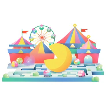 A yellow Pac-Man character is navigating through a carnival-themed maze. The maze is surrounded by vibrant, colorful tents in shades of red, blue, and yellow. Brightly lit spinning rides are in the background, with lights twinkling in various colors. The ground is covered with a mix of checkered patterns and grass, and fluffy cotton candy stands are positioned along the maze path. Several small, round ghosts in different colors are playfully chasing after Pac-Man, adding movement and excitement to the scene.