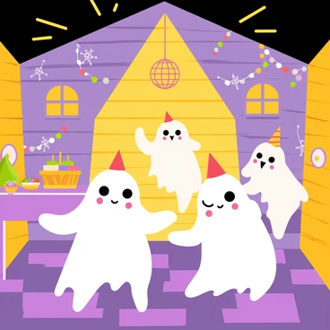 A group of four small, cartoon-style ghosts with cheerful expressions are having a dance party inside a brightly lit haunted house. The ghosts have rounded bodies, with two floating above the ground, and each ghost is wearing a colorful party hat. The interior of the haunted house features wooden walls adorned with cobwebs and spooky decorations. Colorful streamers hang from the ceiling, and a glowing disco ball is spinning, casting vibrant lights around the room. In one corner, there is a table with a cake and colorful treats, while the ghosts dance energetically on a checkered floor.