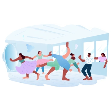 A group of five people is practicing traditional dance steps in a spacious dance studio. The dancers are wearing colorful traditional attire, with flowing skirts and patterned shirts. Some dancers are in dynamic poses while others are following along attentively. A large mirror on one wall reflects their movements, while wooden flooring stretches across the studio. Delicate decorations hang from the ceiling, adding to the cultural ambiance of the space. Sunlight streams in through large windows, illuminating the lively scene.