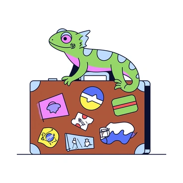 A chameleon is perched on top of a brown suitcase adorned with colorful travel stickers. The chameleon displays a variety of colors as it adapts its skin to blend in with the stickers, which feature designs of famous landmarks, flags, and travel icons. The suitcase has a silver handle and is positioned on a flat surface. The background is simple and unobtrusive, focusing on the chameleon and the suitcase.