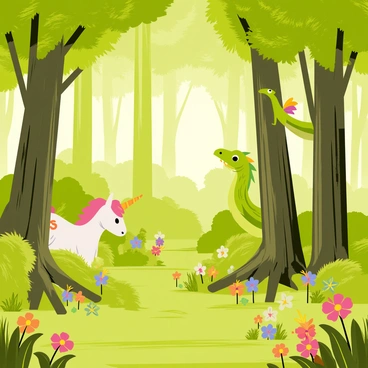 A dense forest with tall, green trees featuring thick trunks and lush canopies. Sunlight filters through the leaves, creating dappled light on the forest floor. Among the trees, various mythical creatures are subtly hidden; a small unicorn with a shimmering white coat stands behind a bush, a pair of mischievous fairies with colorful wings flit between branches, and a gentle dragon with emerald scales peeks out from behind a large tree. The scene is filled with vibrant wildflowers scattered across the ground, and soft moss covers some of the tree roots. The atmosphere contains a sense of enchantment and wonder.