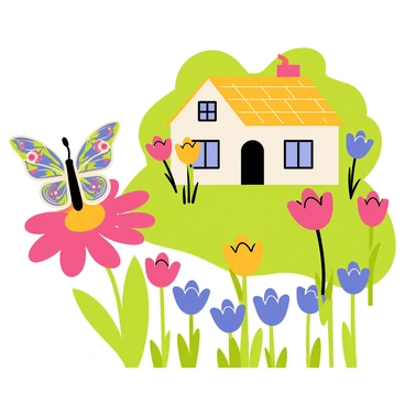 A colorful butterfly with intricate patterns on its wings is perched on a vibrant flower in a quaint cottage garden. The garden is filled with a variety of blooming flowers in shades of pink, yellow, and blue. In the background, there is a charming cottage with a thatched roof, surrounded by green foliage. The scene is bright and cheerful, capturing the essence of a peaceful garden filled with life.