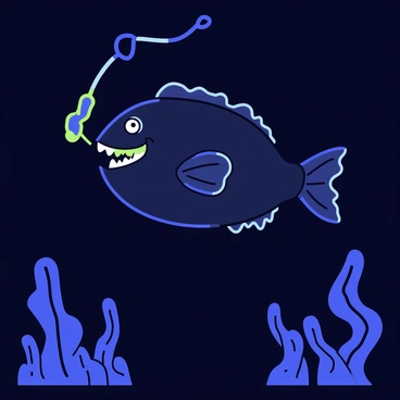 A mysterious anglerfish with a dark, textured body is swimming in the dark depths of the ocean. Its large mouth is filled with sharp teeth, and its eyes are wide and expressive. The anglerfish has a glowing lure protruding from its forehead, emitting a soft, eerie light in shades of blue and green. Surrounding the fish are faint silhouettes of seaweed and small, shadowy creatures, creating a sense of depth in the dark water.