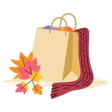 A shopping bag with a simple design, made of brown paper, is placed on a textured surface. The bag has two sturdy handles and is partially open, revealing a few colorful items inside. Surrounding the bag are various autumn leaves in shades of orange, red, and yellow, scattered across the ground. A cozy knitted scarf, featuring a pattern of thick cables and in warm hues of burgundy, is casually draped beside the bag, enhancing the seasonal atmosphere.