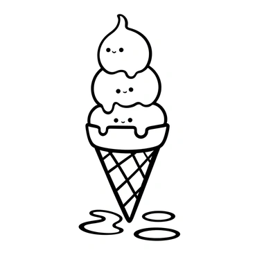 An ice cream cone with three scoops, each a different size, is positioned upright. The top scoop is slightly tilted and has a drippy texture as it melts, creating a puddle at the base. Below the scoops, the melting ice cream forms several puddles on the surface, each with a distinct round shape and cartoon-like faces. The cone itself has a waffle texture, with diagonal patterns visible. A few drops of melting ice cream are falling from the scoops to enhance the scene.