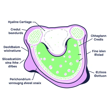 An illustration depicting the biology of hyaline cartilage. In the center, there is a detailed cross-section of hyaline cartilage showcasing its smooth, glassy appearance. Surrounding this central image, there are labeled components including chondrocytes within lacunae, and the extracellular matrix. The chondrocytes are shown as round cells embedded within the matrix. The extracellular matrix is illustrated with a fine, fibrous structure, emphasizing its gel-like consistency. Various types of collagen fibers are included, depicted as thin strands interspersed throughout the matrix. Additionally, there are annotations indicating key features such as the perichondrium surrounding the cartilage and the overall structure of the tissue.
