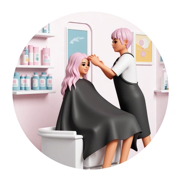 A salon interior, featuring modern decor with pastel colors. In the center, a client sits in a salon chair, covered with a black cape, looking into a large mirror. The stylist, wearing a black apron, applies a soft pink hair dye to the client's hair. The client's hair is long and wavy, and she has her eyes closed, enjoying the experience. Around the salon, shelves display various pastel hair dye products, and colorful artwork adorns the walls. Soft lighting creates a warm atmosphere.
