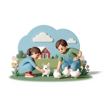 Two young children are interacting with various farm animals on a cheerful farm. One child, a girl wearing a blue dress and red boots, is kneeling down while gently petting a fluffy white rabbit. The other child, a boy in a green t-shirt and denim overalls, is holding a handful of grains, feeding a group of lively chickens that are pecking at the ground. Bright green grass covers the ground, and colorful flowers are blooming nearby, enhancing the joyful atmosphere of the scene. In the background, a rustic red barn is visible under a clear blue sky.