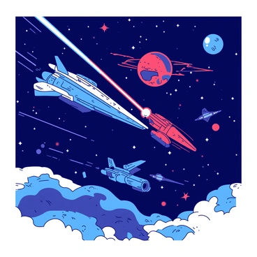 A deep space scene features two starships engaged in a fierce battle. The starships are sleek and metallic, their surfaces reflecting distant starlight. Bright, vibrant laser beams shoot from the weapons of both ships, illuminating the darkness of space. One starship has a blue hue, while the other is painted in a contrasting red. In the background, various stars and celestial bodies create a dramatic backdrop for the conflict, adding depth to the cosmic battlefield. The scene captures the intensity of the duel, with debris from previous encounters scattered throughout the void.