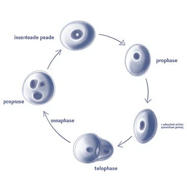 An illustration depicting the cell cycle stages in a Drosophila embryo. The image includes distinct phases: interphase, prophase, metaphase, anaphase, and telophase. Each phase is represented with clear cellular structures, including chromosomes condensing, aligning at the equatorial plane, separating, and returning to a relaxed state. The Drosophila embryo is shown as a developing organism, with various cells in different stages of division. The background features additional embryonic structures to provide context for the stages of development. Labels indicate each phase of the cell cycle, emphasizing the process of cellular division.