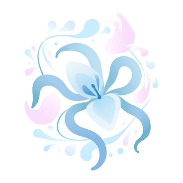 A stylized spider lily is at the center of the tattoo design, with elegant, flowing petals that curve gracefully. Surrounding the spider lily are intricate geometric shapes and delicate linework that enhance the bohemian aesthetic. The overall composition is balanced, with swirling patterns that intertwine with the spider lily, creating a harmonious look. The design features gradient pastel colors that shift gently from soft pink to pale blue, providing a serene backdrop that complements the detailed elements.