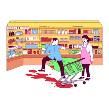 A chaotic supermarket scene with characters comically slipping on spilled items