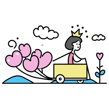 A queen with a crown and a red dress, featuring heart patterns, is sitting in a cart. The cart is brightly colored and is pulled by several large, heart-shaped balloons. The landscape around her is composed of rolling hills and stylized trees with swirling leaves. The sky is dotted with fluffy clouds, creating a whimsical atmosphere.