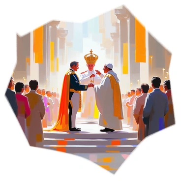 A grand cathedral filled with onlookers, showcasing the moment of "Napoleon being crowned Emperor." Napoleon, dressed in an ornate military uniform adorned with gold details, stands at the center of the scene. A majestic crown is being placed on his head by the Pope, who is wearing traditional ecclesiastical robes. The cathedral's high ceilings are adorned with intricate artwork and golden accents. Spectators, dressed in formal attire, gaze with awe, capturing the significance of the moment. Candles flicker softly, illuminating the grandeur of the surroundings, while banners hang from the walls, adding a sense of majesty to the event.