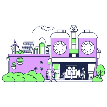 A futuristic carbon capture plant is the focal point of the image, featuring sleek, metallic structures with various levels and large, circular filters integrated into the design. To the left of the plant, there are rows of green energy solutions, including solar panels and wind turbines with spinning blades. There are also vertical gardens with lush greenery growing in specialized containers, showcasing innovative agricultural techniques. In the foreground, a pathway lined with small green bushes leads to the entrance of the plant, where a group of people wearing protective gear are engaged in monitoring equipment. The sky above is clear, emphasizing the advanced technology and eco-friendly initiatives present in this modern environment.