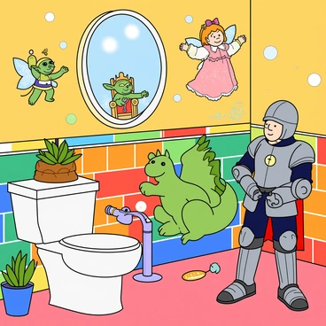A colorful restroom with bright tiles and quirky fixtures. The walls are painted in rainbow hues, and there are whimsical decorations like floating soap bubbles and smiling plants. In the center, a large round mirror reflects the characters. There are three characters: a small, curious goblin with green skin and oversized ears, wearing a patchwork outfit; a cheerful fairy with sparkling wings and a flowing dress, hovering above the ground; and a brave young knight in shining armor, looking in awe at the magical surroundings. The restroom features a whimsical toilet shaped like a throne and a sink resembling a friendly dragon with a playful expression. Various magical items are scattered around, such as a glowing toilet brush and a soap dispenser shaped like a whimsical fish.