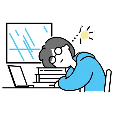 A student, wearing glasses and a blue hoodie, is dozing off at a wooden desk. Their head is resting on a pile of books that serve as a pillow. The desk is cluttered with notes and a laptop. Sunlight streams through a nearby window, casting soft shadows across the scene.
