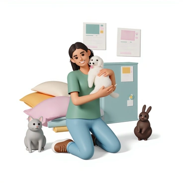 A young woman, wearing a green t-shirt, blue jeans, and brown shoes, is kneeling on the ground at an animal shelter. She is gently cradling a small, fluffy white puppy in her arms, looking down at it with a warm smile. The puppy has big brown eyes and is playfully licking her face. Around them, several other rescued animals are present, including a grey cat sitting nearby, watching curiously, and a brown rabbit hopping in the background. The shelter environment is bright and welcoming, with colorful posters on the walls and soft bedding scattered on the floor.