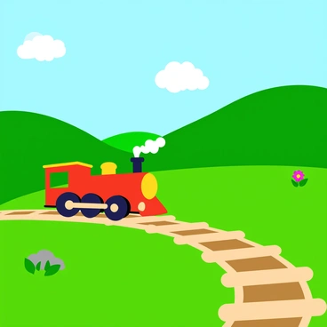 A steam train constructed entirely from matchsticks is chugging along a wooden track. The train features distinct matchstick details, such as a chimney emitting puffs of steam. The scene is set in a vibrant green valley, with lush grass and rolling hills in the background. A few colorful flowers dot the landscape, adding more detail to the setting. The track winds through the valley, curving gently as it follows the natural terrain. The blue sky above is dotted with fluffy white clouds, completing the picturesque scene.