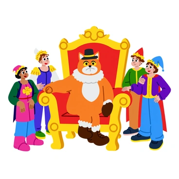 A feline character resembling "Puss in Boots" with a small hat and boots sits confidently on an ornate royal throne. The throne is adorned with intricate carvings and plush red upholstery. Surrounding the throne, several curious courtiers, dressed in colorful medieval attire, gaze at the cat with expressions of surprise and intrigue. The scene is well-lit, highlighting the detailed textures of the courtiers' garments and the throne. The cat’s posture is proud, with one paw resting on the armrest of the throne, conveying a sense of authority and confidence.