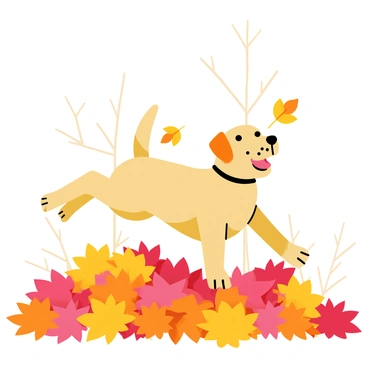 A yellow Labrador with a shiny coat is leaping joyfully into a large pile of colorful autumn leaves. The leaves are a vibrant mix of red, orange, and yellow, creating a bright contrast against the dog's fur. The Labrador's ears are flopping in the air as it jumps, and its mouth is open in a playful expression. Some leaves are flying up around the dog as it disrupts the pile, scattering them in various directions. The background features a few bare trees with remaining foliage, emphasizing the autumn season.