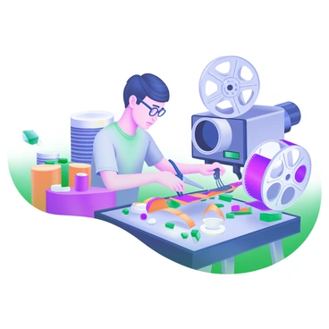 A modern pastel illustration depicting a film editor focused on a film editing table. The editor, a middle-aged person with short, dark hair, wears glasses and is actively cutting and splicing colorful film strips. The table is cluttered with various tools such as scissors, tape, and reels of film. Surrounding the editor are stacks of film canisters and a vintage projector in the background. The workspace is well-lit, highlighting the editor's concentration and the vibrant hues of the film strips.