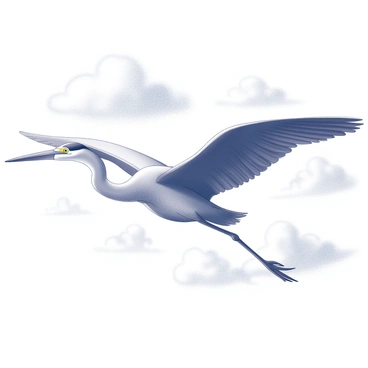 A heron soaring through a clear blue sky with fluffy clouds.