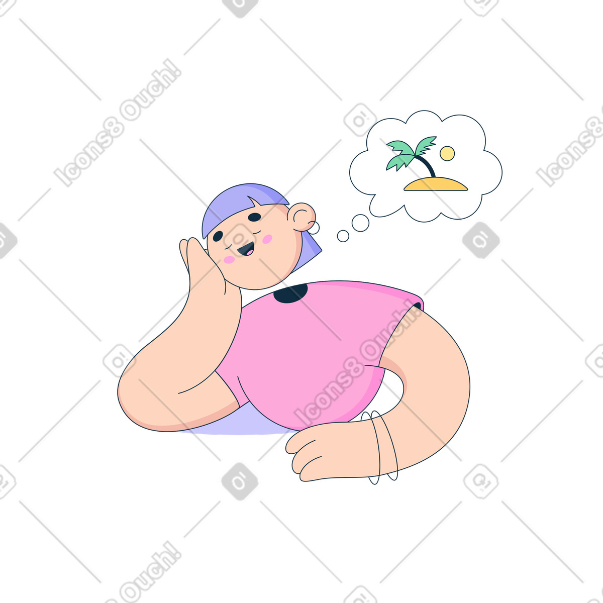 Frau mit geschlossenen augen träumt von einem urlaub-Illustration im Bubble gum-Stil als Download in PNG, SVG