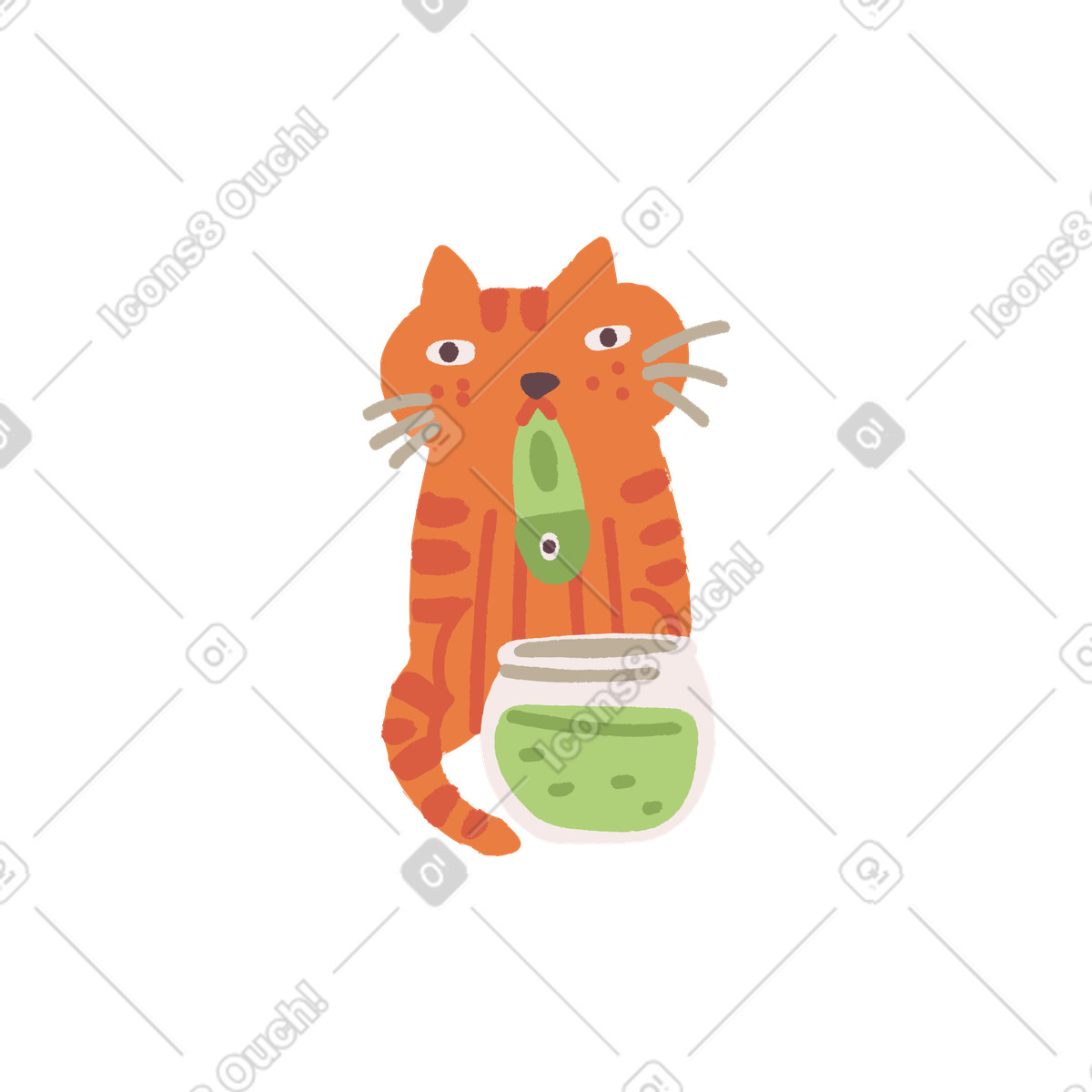 Cat catching fish from a bowl illustration in Ginger style download in PNG, SVG