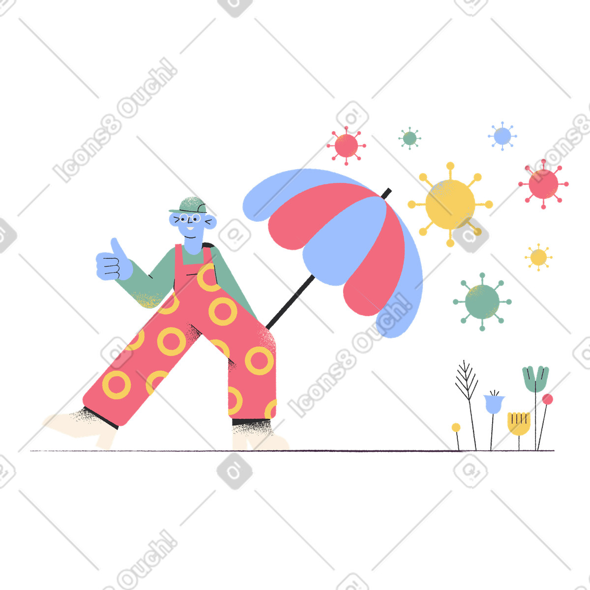 Uomo che si protegge dal virus con l'ombrello illustrazione in stile Pablo scarica in PNG, SVG