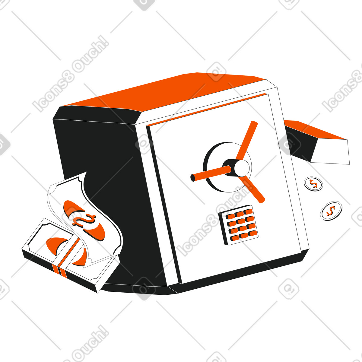 Money safe with banknotes, coins and gold bars illustration in Strict style download in PNG, SVG