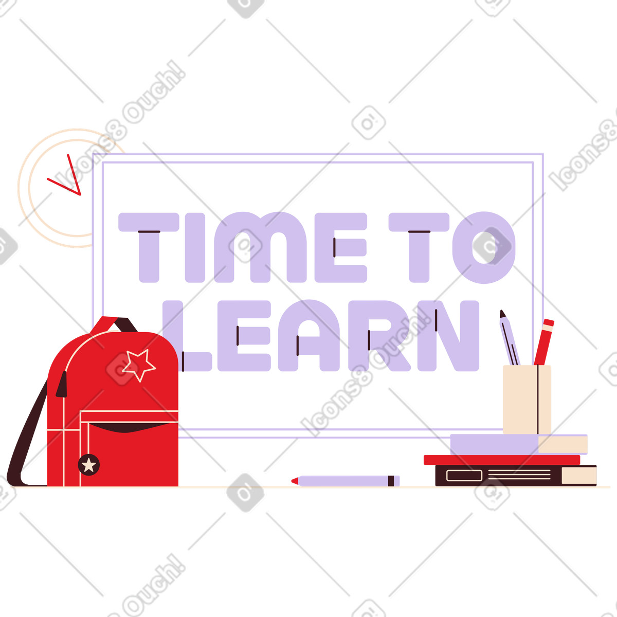 Ilustración Blackboard with time to learn text and stationery, Back school motivation en estilo Folks a descargar en PNG y SVG
